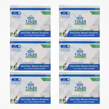 Tules Steril Non Woven Kompres 7,5 cm x 7,5 cm 4 Katlı (5’li Zarf) 100’lü Kutu - 6 Kutu