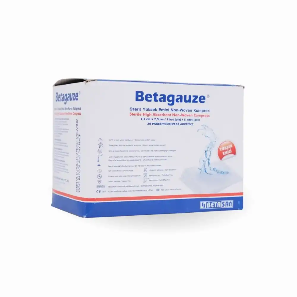 Betagauze Steril Emici NonWoven Kompres 7,5cmx7,5cm (5x20) - 100lü Kutu x 6 Kutu (600 Adet)