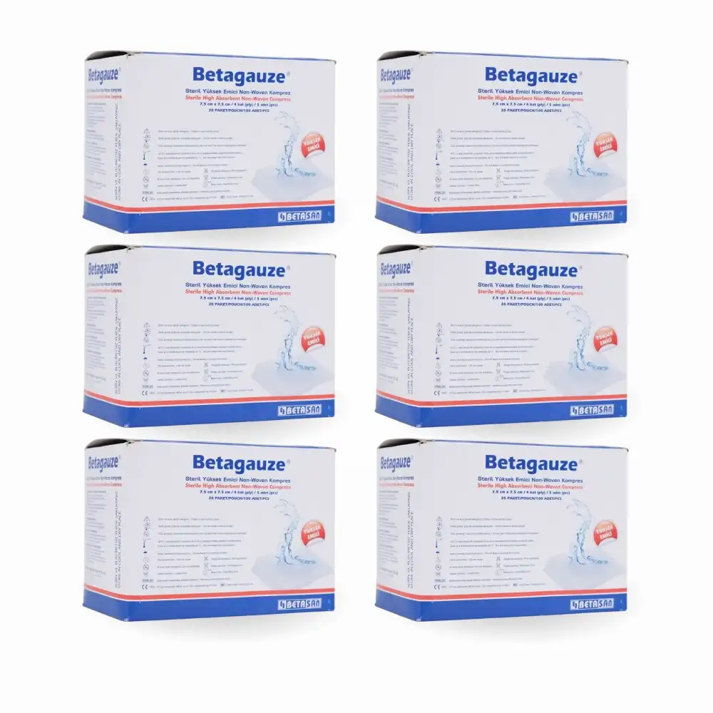 Betagauze Steril Emici NonWoven Kompres 7,5cmx7,5cm (5x20) - 100lü Kutu x 6 Kutu (600 Adet)