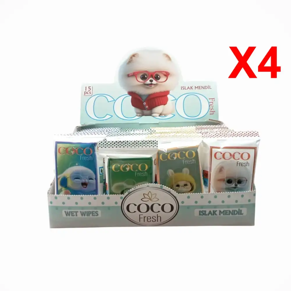 Coco Fresh Cep Islak Mendil (15li Paket) 36lı Kutu x 4 Kutu (144 Paket) Sevimli Hayvanlar