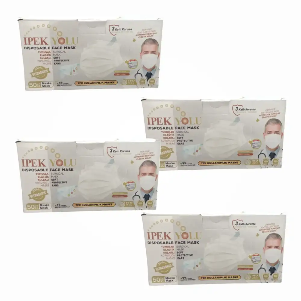 Tek Kullanımlık Maske 3 Katlı Telli Meltblownlu 50li Kutu - Beyaz x 4 Kutu