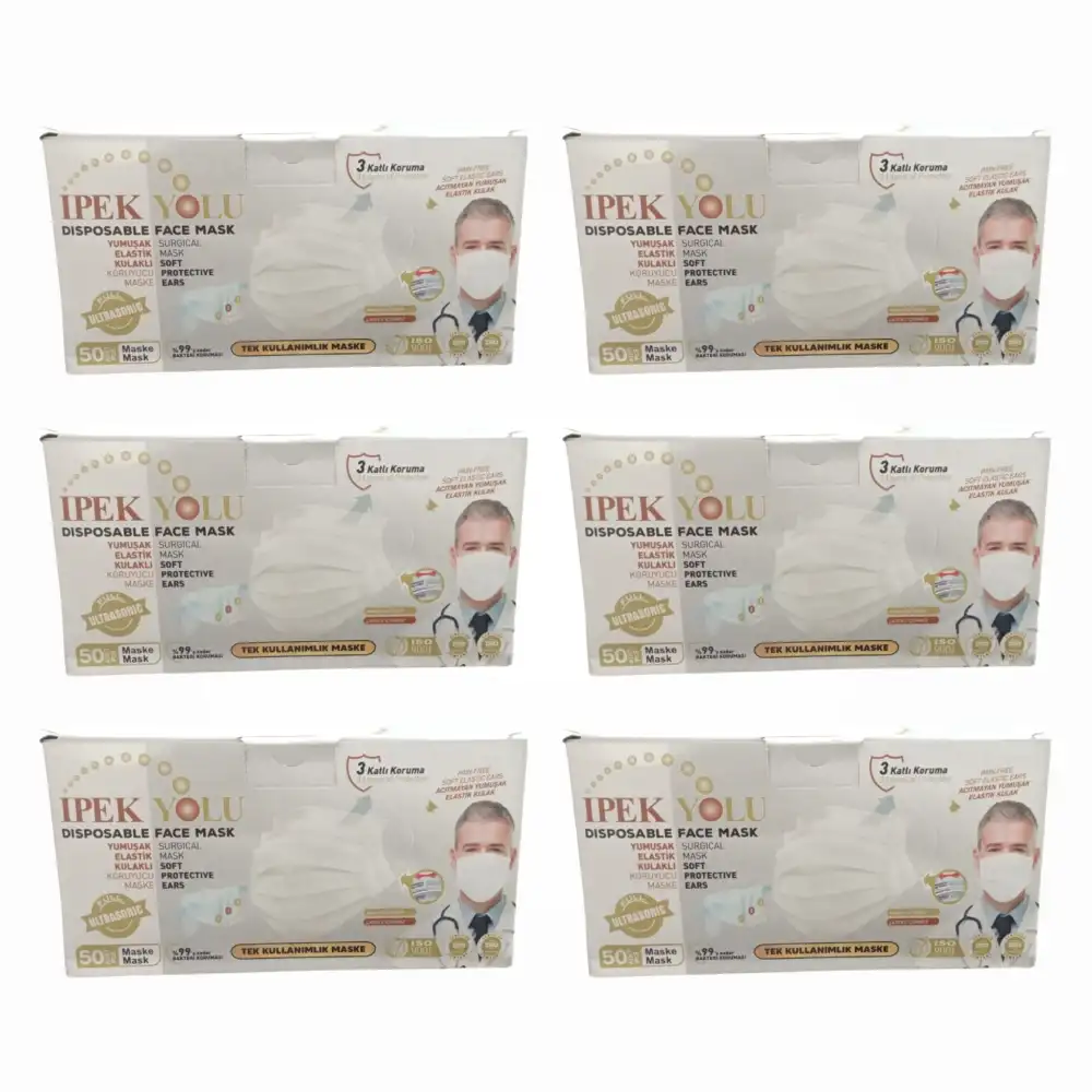 Tek Kullanımlık Maske 3 Katlı Telli Meltblownlu 50li Kutu - Beyaz x 6 Kutu