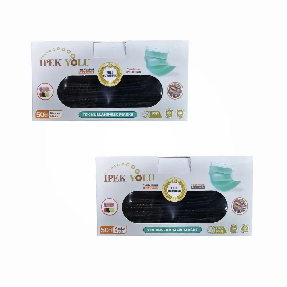 Tek Kullanımlık Maske 3 Katlı Telli Meltblownlu 50li Kutu Siyah - 2 Kutu