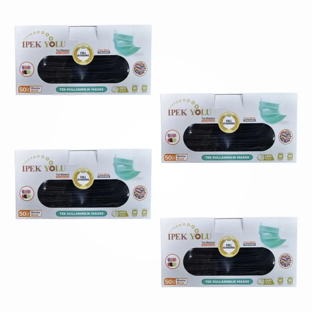 Tek Kullanımlık Maske 3 Katlı Telli Meltblownlu 50li Kutu Siyah - 4 Kutu