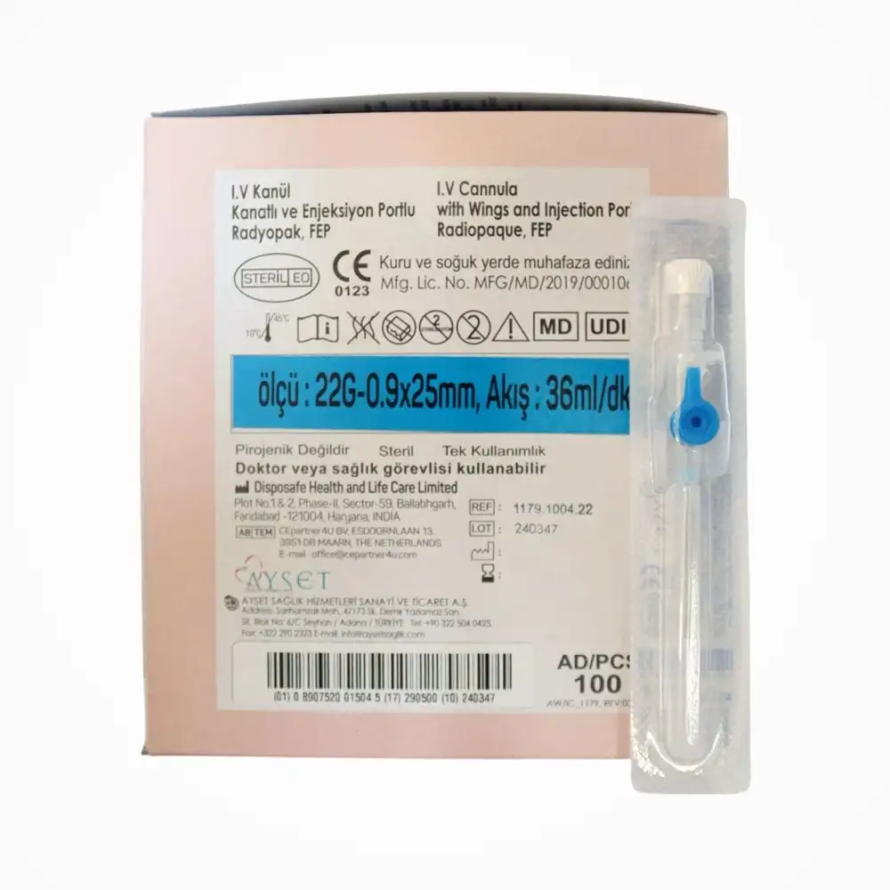 Ayset Branül (İntraket) Mavi 22G 100’lü Kutu