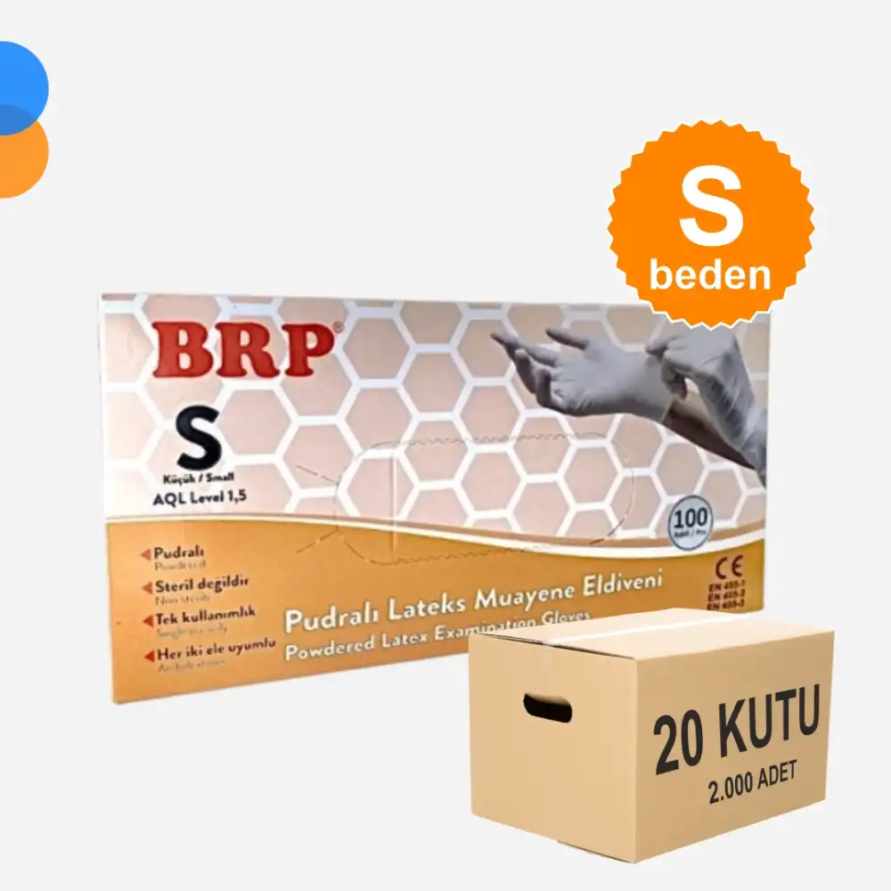 BRP Pudralı Lateks Muayene Eldiven Small (S) 100lü Kutu X 20 Kutu - 1 Koli
