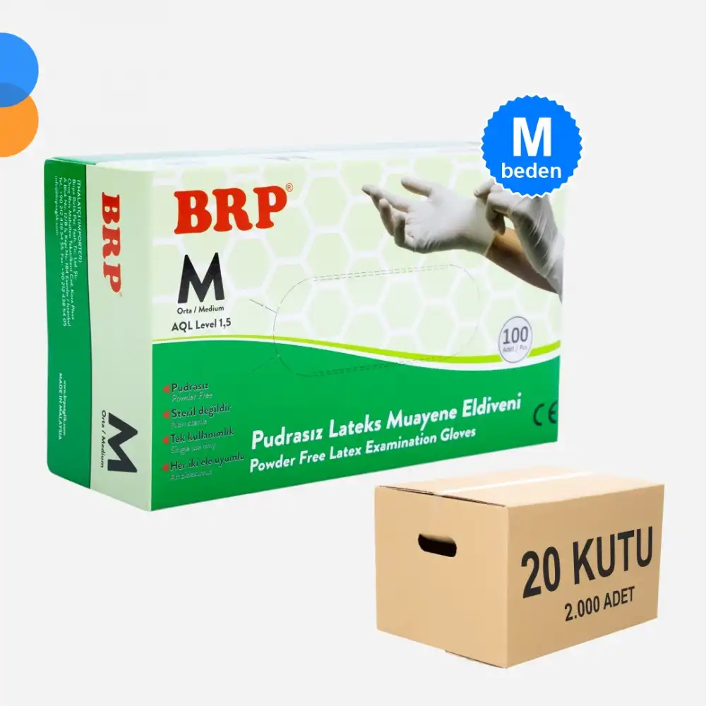 BRP Pudrasız Lateks Muayene Eldiven Medium (M) 100lü Kutu X 20 Kutu - 1 Koli
