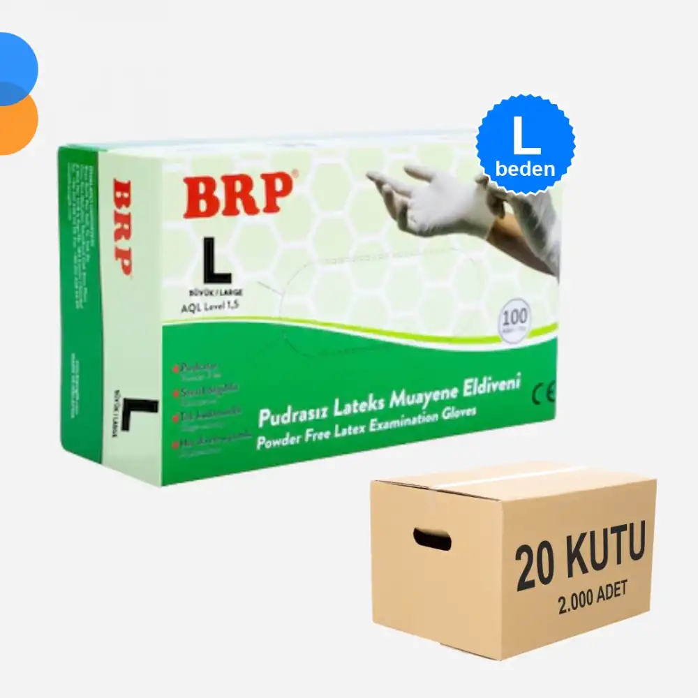 BRP Pudrasız Lateks Muayene Eldiven Large (L) 100lü Kutu X 20 Kutu - 1 Koli