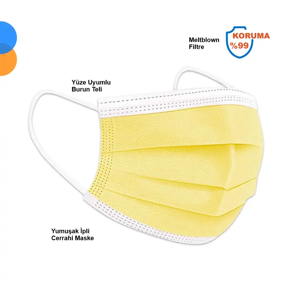 Medikal Tek Kullanımlık Maske 3 Katlı Telli Meltblown Filtreli 50li Kutu - Sarı