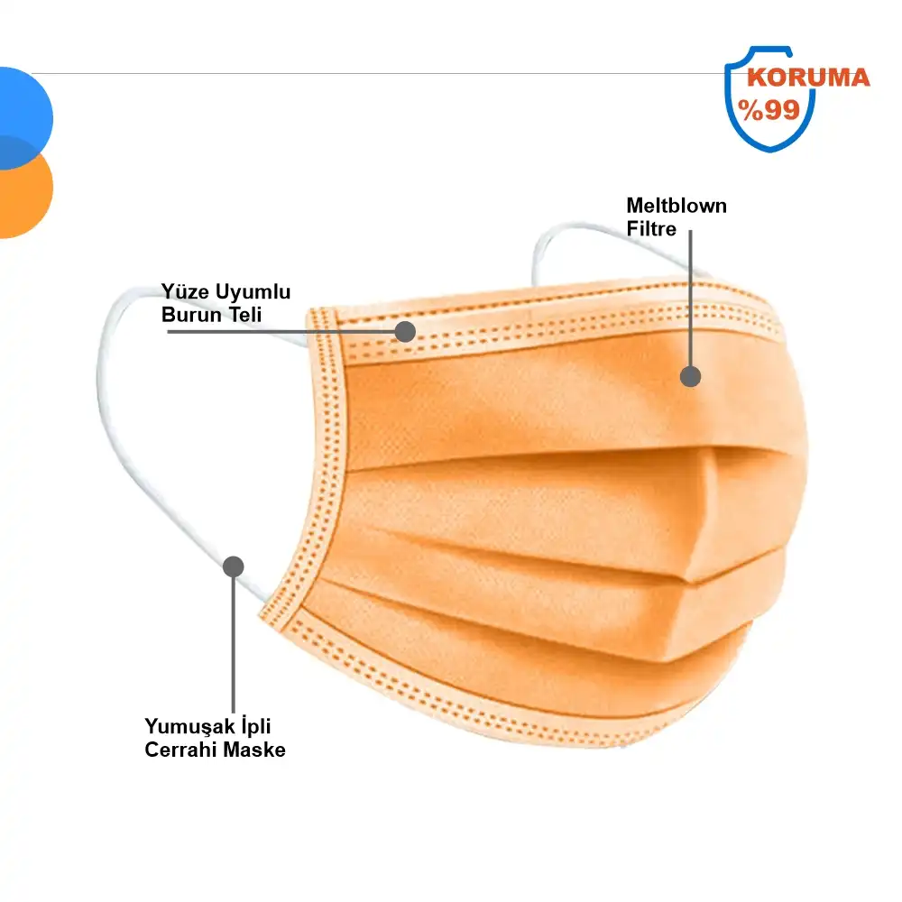 Medikal Tek Kullanımlık Maske 3 Katlı Telli Meltblown Filtreli 50li Kutu - Turuncu