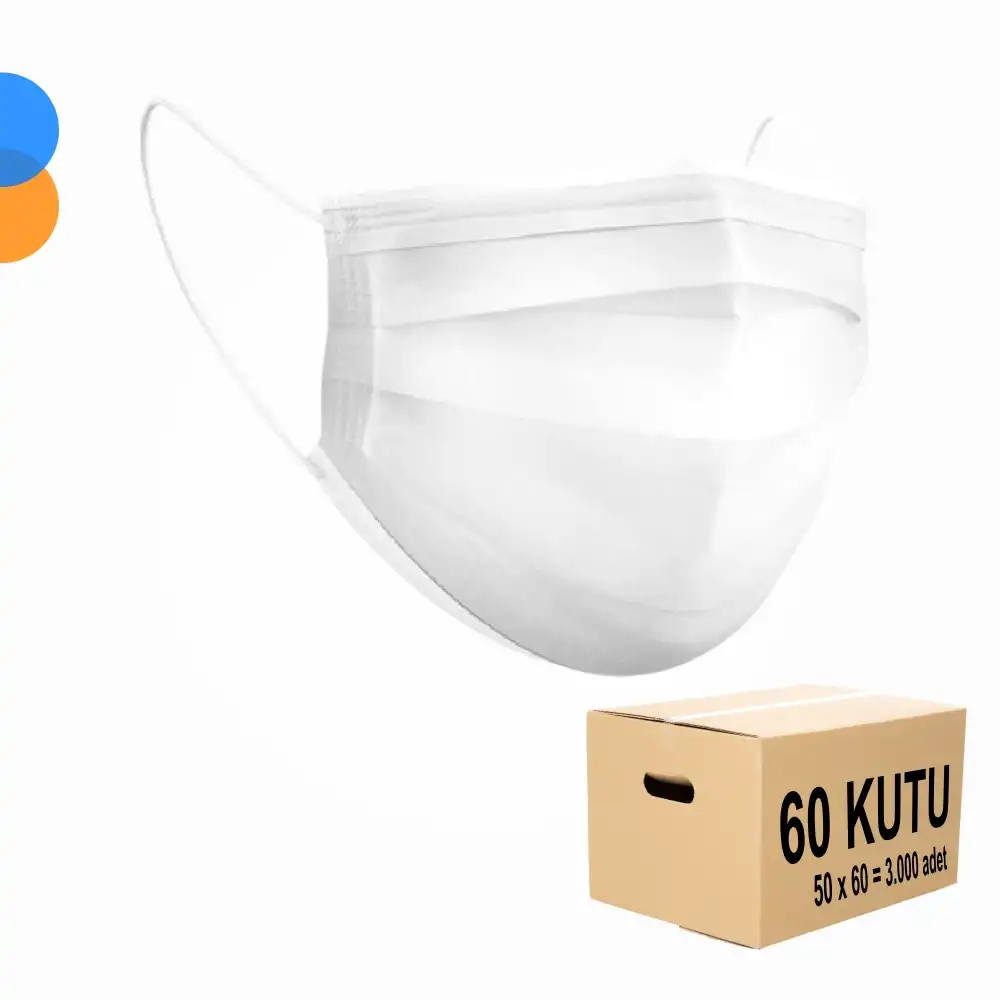 Medikal Tek Kullanımlık Maske 3 Katlı Telli Meltblown Filtreli 50li Kutu x 60 Kutu - 1 Koli - Beyaz