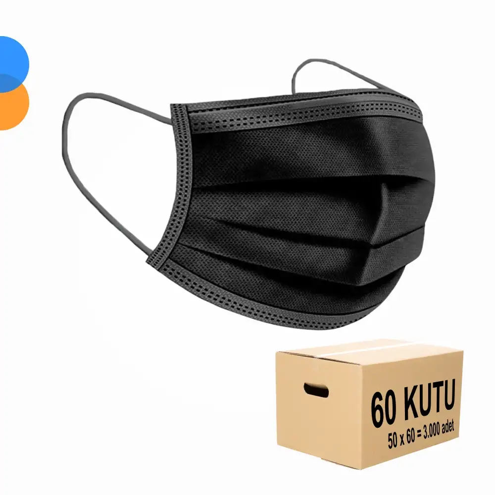 Medikal Tek Kullanımlık Maske 3 Katlı Telli Meltblown Filtreli 50li Kutu x 60 Kutu - 1 Koli - Siyah