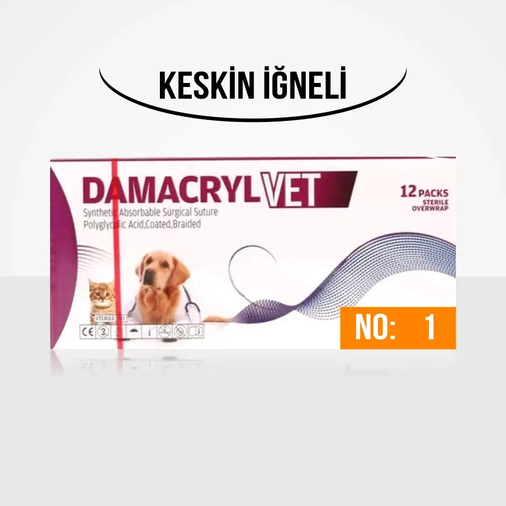 Damacryl-Vet Cerrahi PGA (Emilebilir) İplik 75 CM İğneli 12li Paket No: 1 - Keskin İğneli