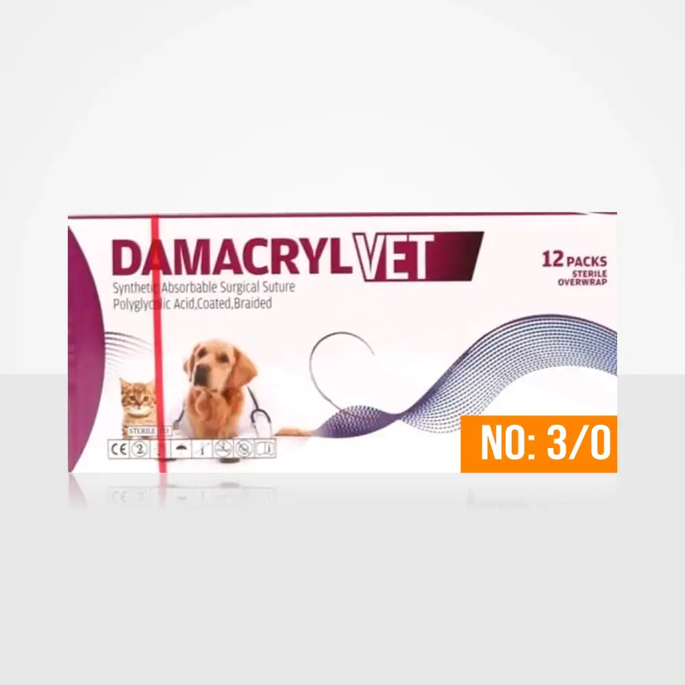 Damacryl-Vet Cerrahi PGA (Emilebilir) İplik 75 CM İğneli 12li Paket No: 3/0 - Keskin İğneli