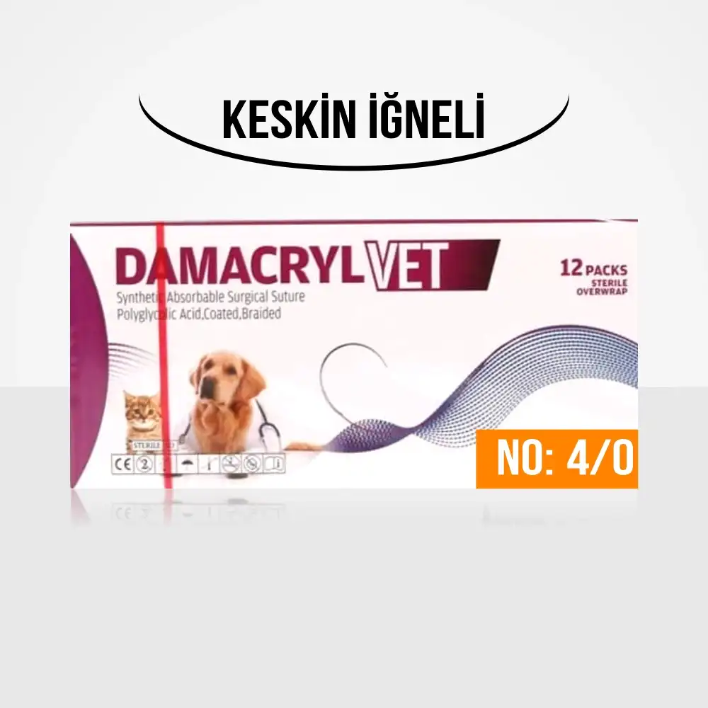 Damacryl-Vet Cerrahi PGA (Emilebilir) İplik 75 CM İğneli 12li Paket No: 4/0 - Keskin İğneli