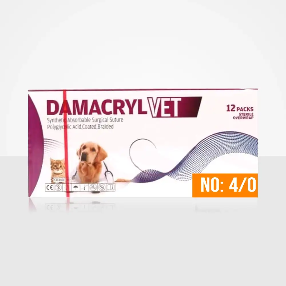 Damacryl-Vet Cerrahi PGA (Emilebilir) İplik 75 CM İğneli 12li Paket No: 4/0 - Keskin İğneli