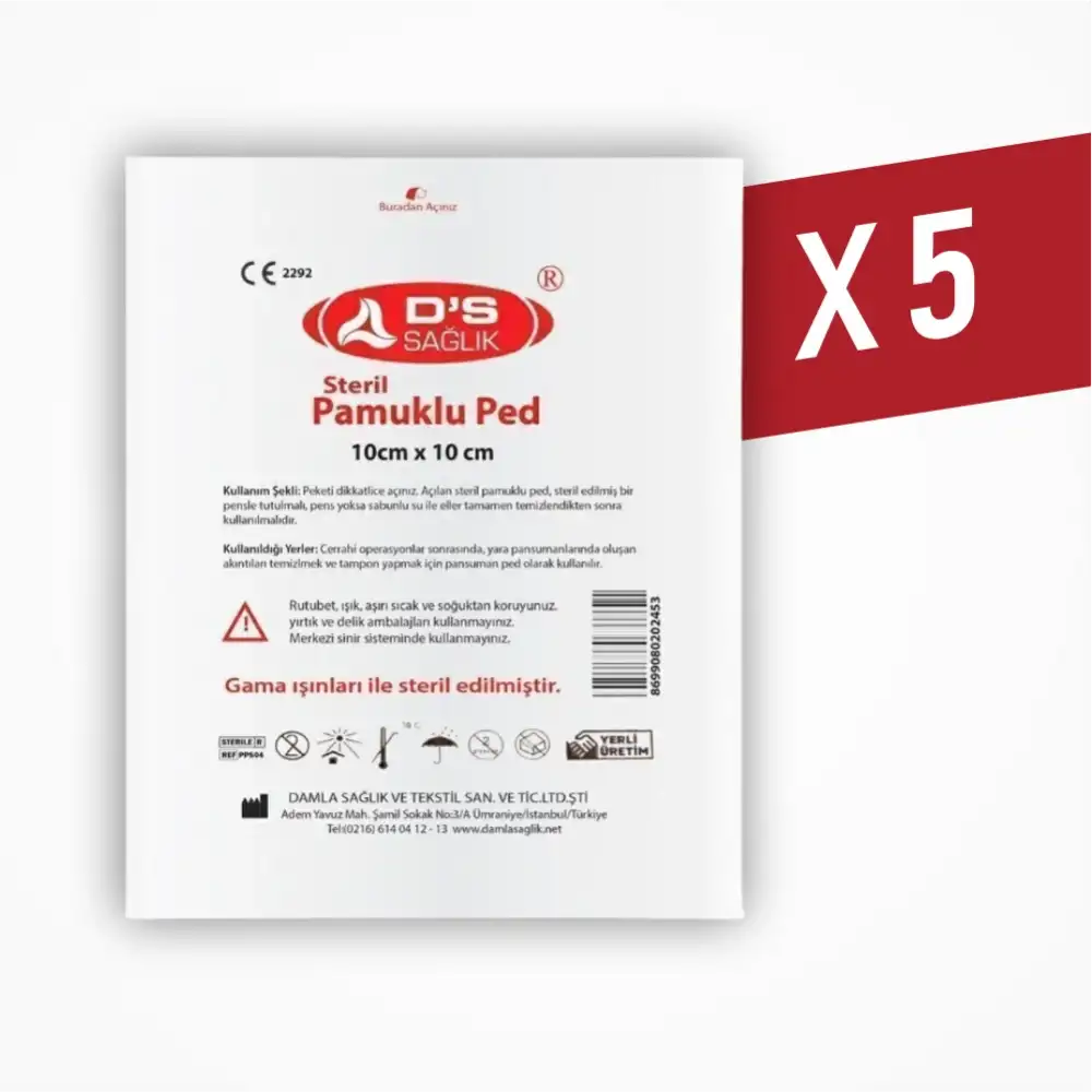 DS Damla Sağlık Steril Pamuklu Ped 10cm x 10cm - 5 Adet