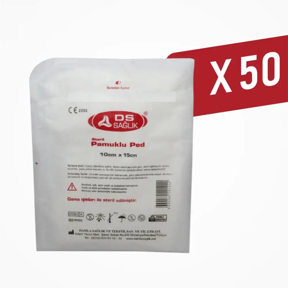 DS Damla Sağlık Steril Pamuklu Ped 10cm x 15cm - 50 Adet