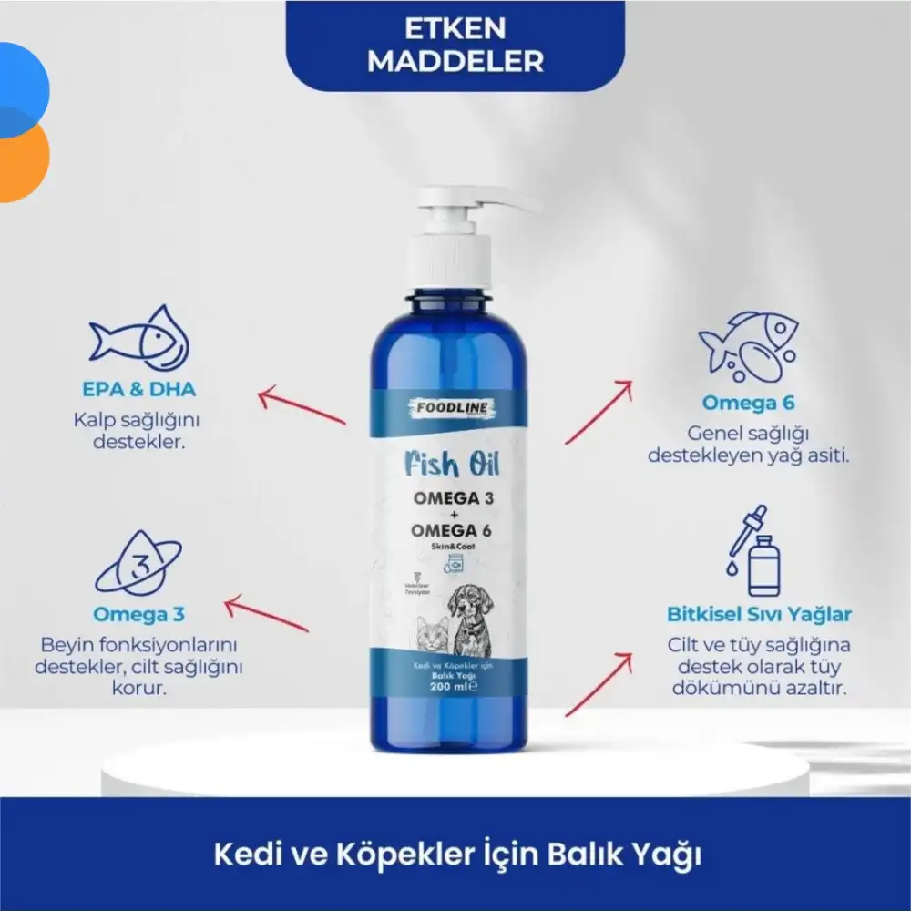 Foodline Fish Oil 200 ml | Omega 3&6 İçerikli Balık Yağı | Kedi ve Köpekler İçin Tüy ve Genel Sağlık Destekleyici