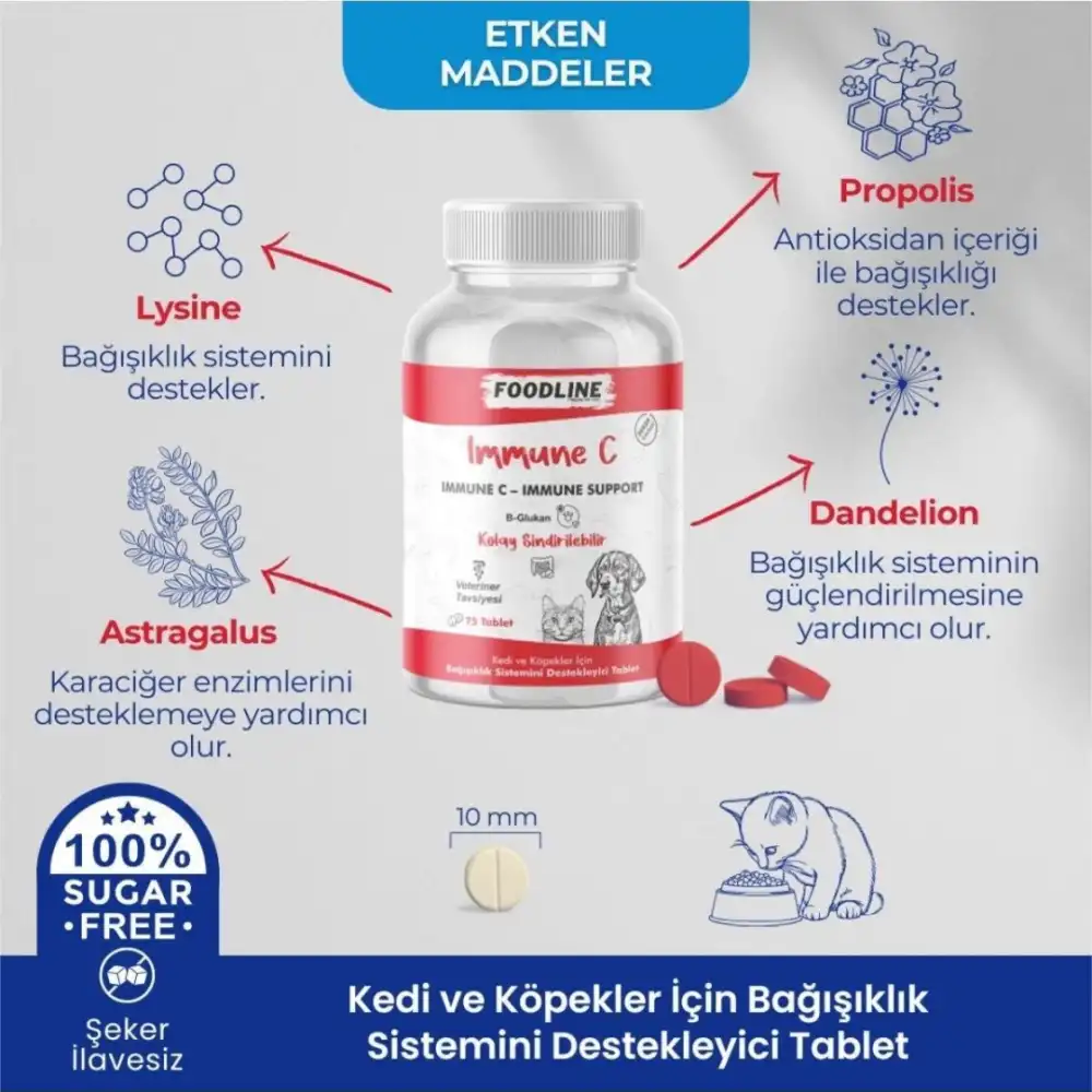 Foodline Immune +C 75 Tablet | Kedi ve Köpekler için Bağışıklık Sistemini Destekleyici