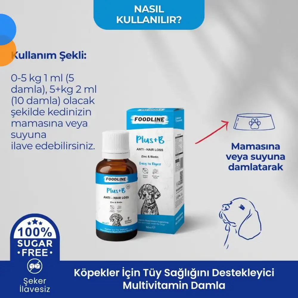 Foodline Köpekler için Plus +B Damla 50ml | Tüy Sağlığını Destekleyici Biotinli Multivitamin