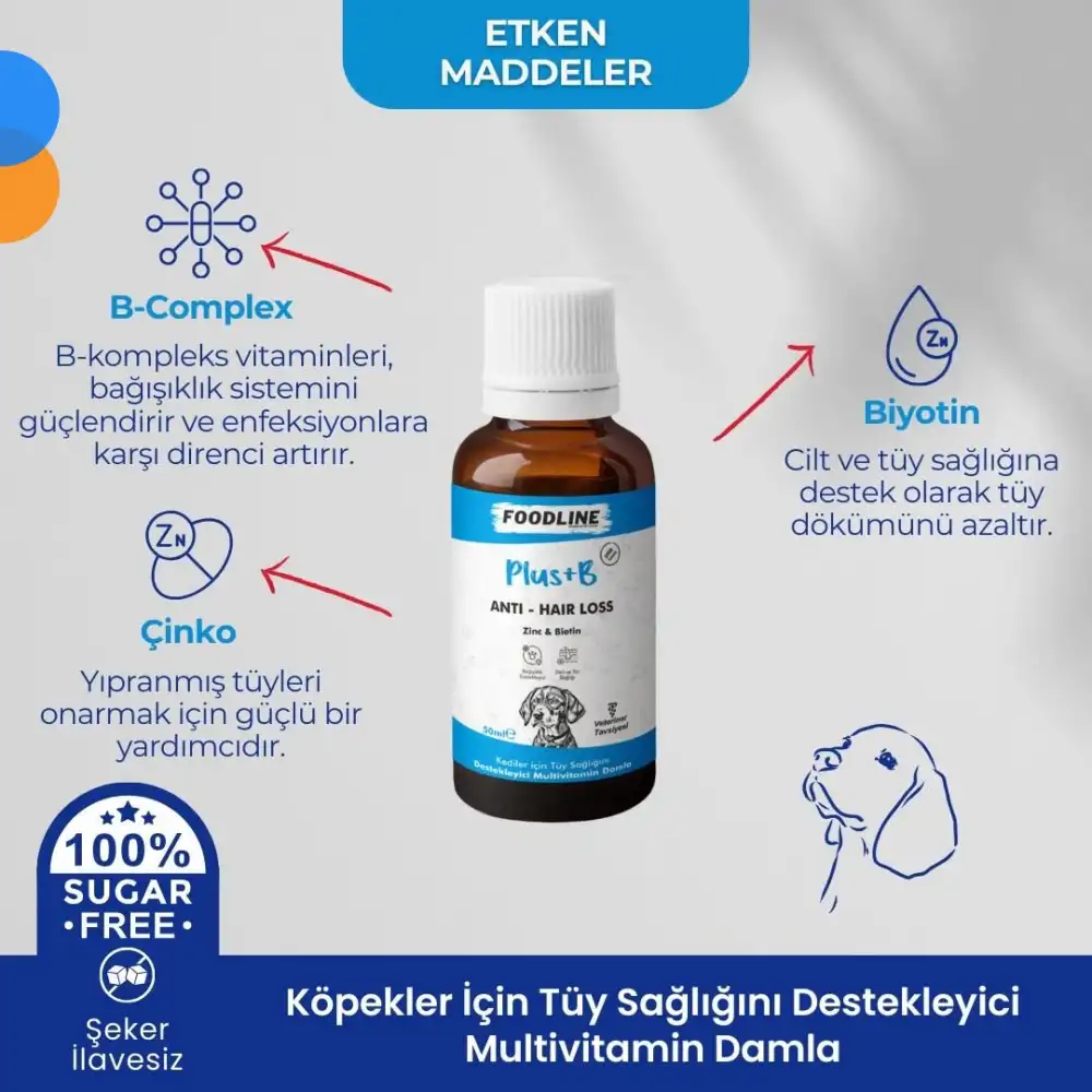 Foodline Köpekler için Plus +B Damla 50ml | Tüy Sağlığını Destekleyici Biotinli Multivitamin