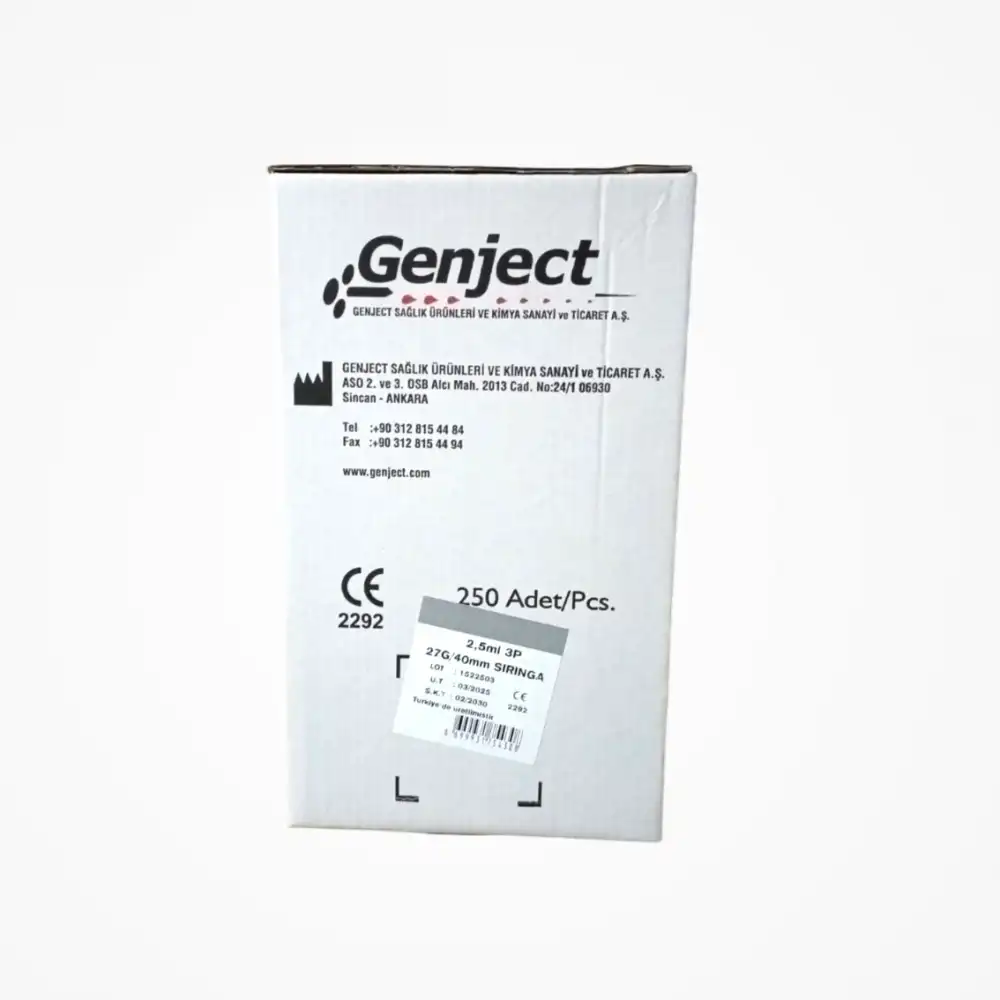 Genject Dental Luer Lock (Kilitli) Enjektör 2ml Kısa Uç 0.40x40mm 27G - 250li Kutu