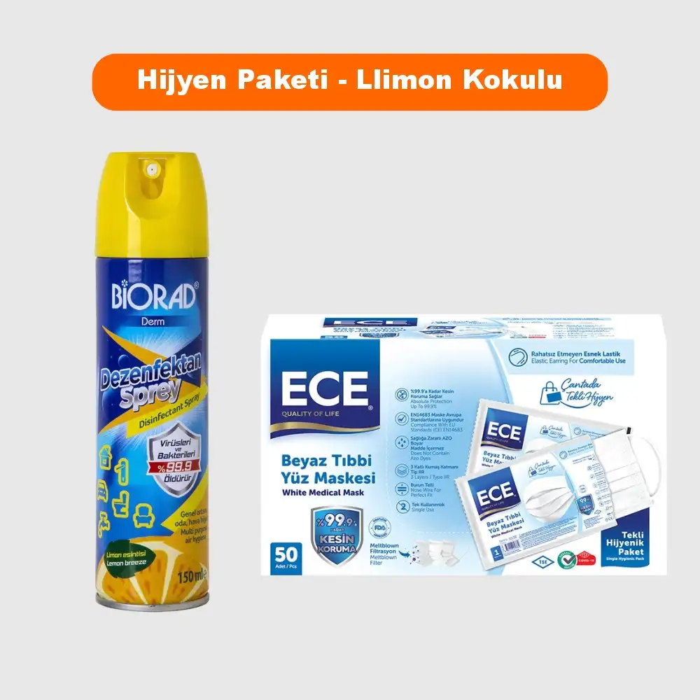 Hijyen Paketi - Limon  Kokulu Sprey Dezenfektan 150ml + Steril Maske 50li