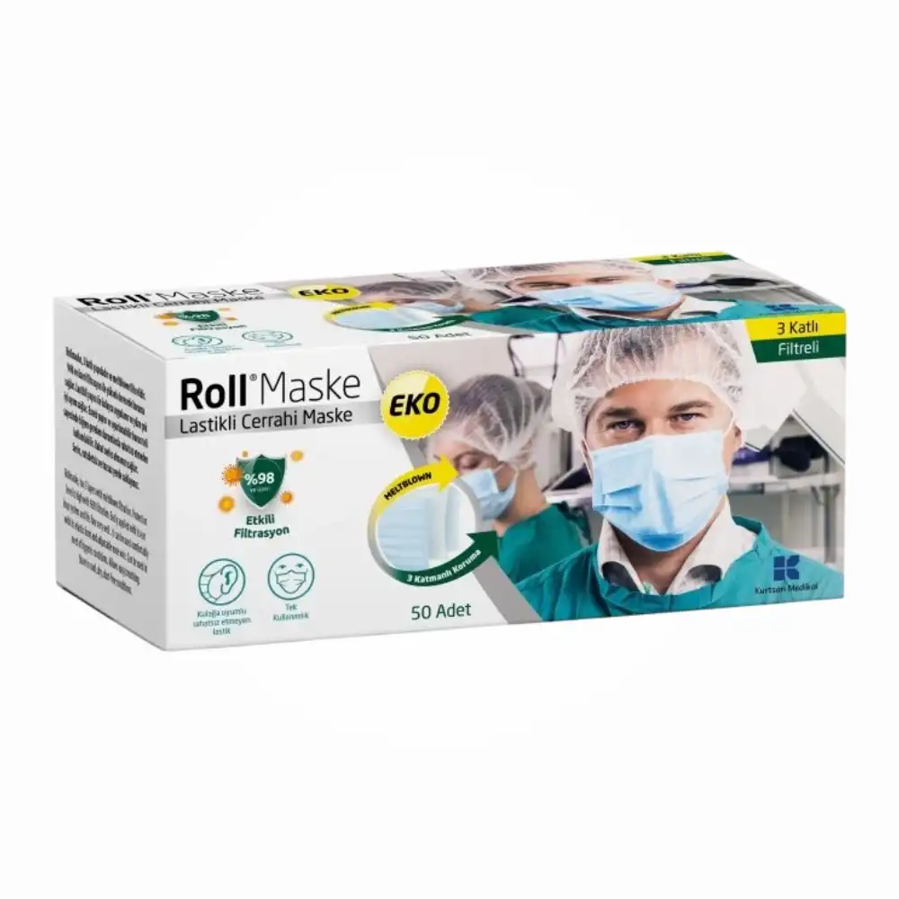 Roll EKO Cerrahi Maske Lastikli (3 Katlı) Filtreli 50li Kutu - 2 Kutu