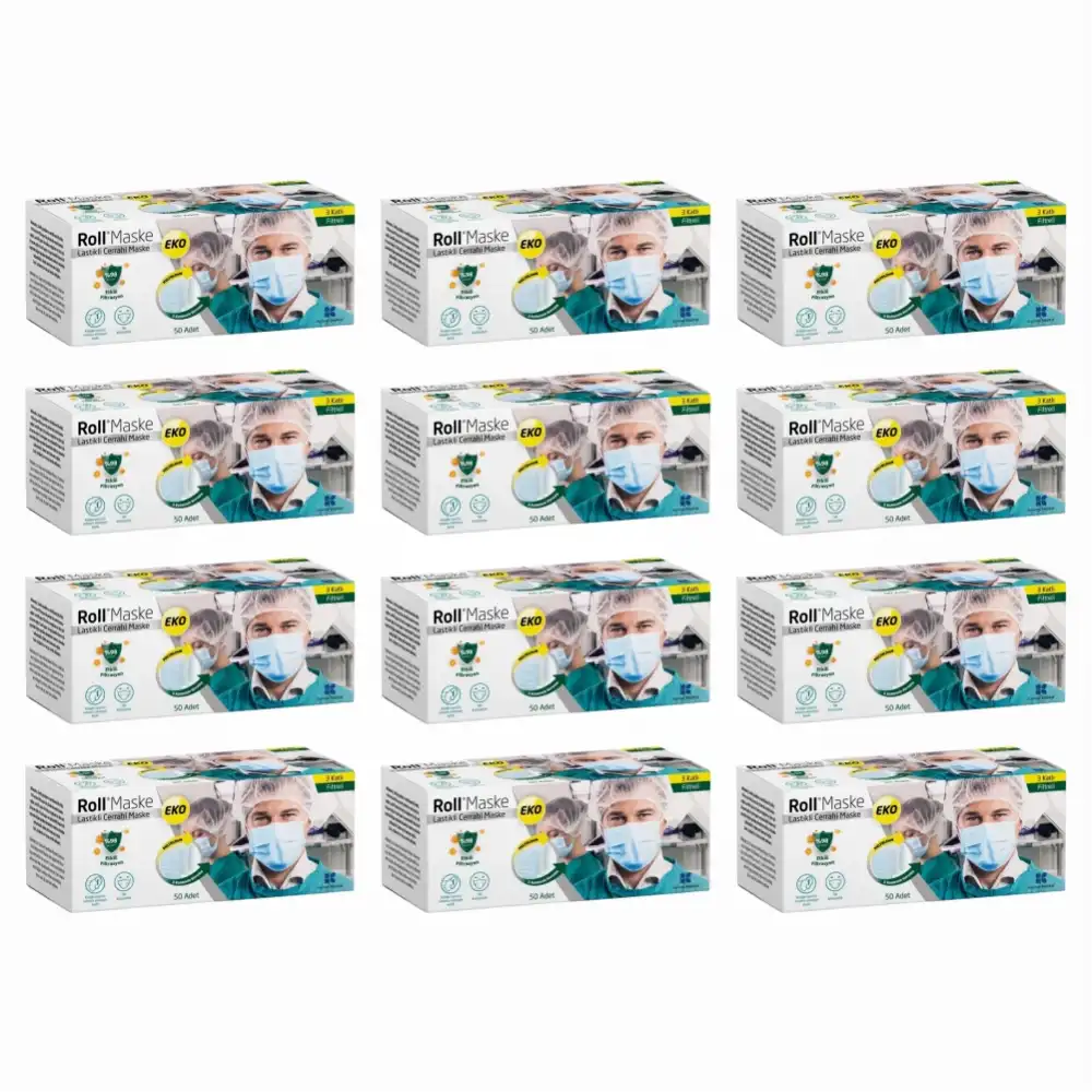 Roll EKO Cerrahi Maske Lastikli (3 Katlı) Filtreli 50li Kutu - 12 Kutu