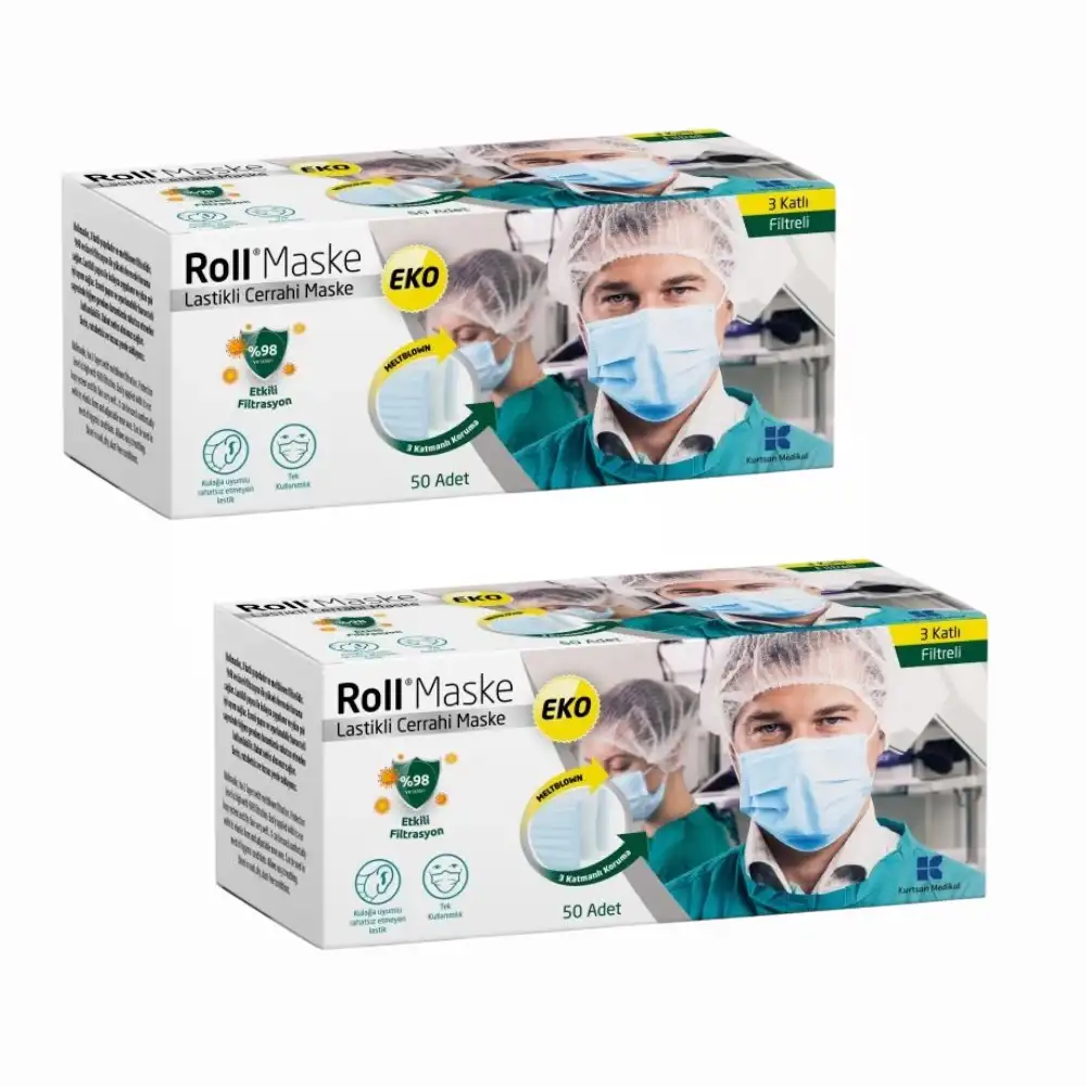 Roll EKO Cerrahi Maske Lastikli (3 Katlı) Filtreli 50li Kutu - 2 Kutu