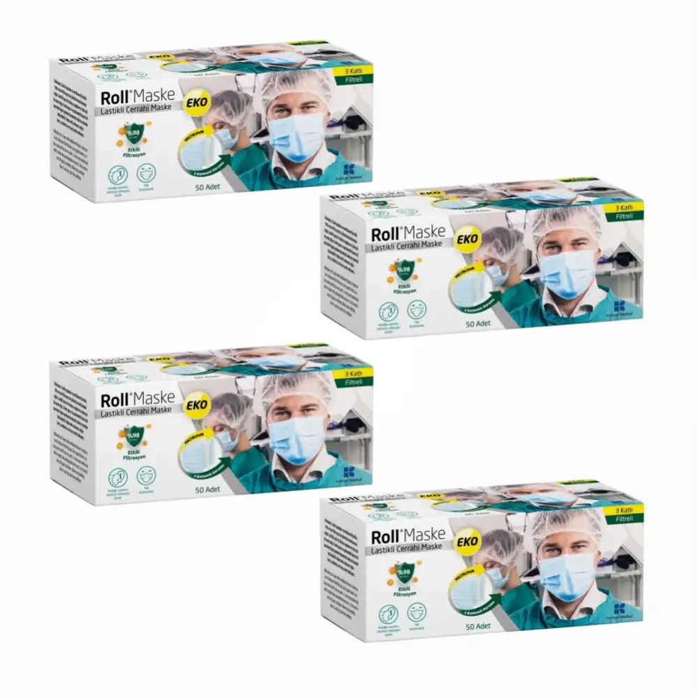Roll EKO Cerrahi Maske Lastikli (3 Katlı) Filtreli 50li Kutu - 4 Kutu