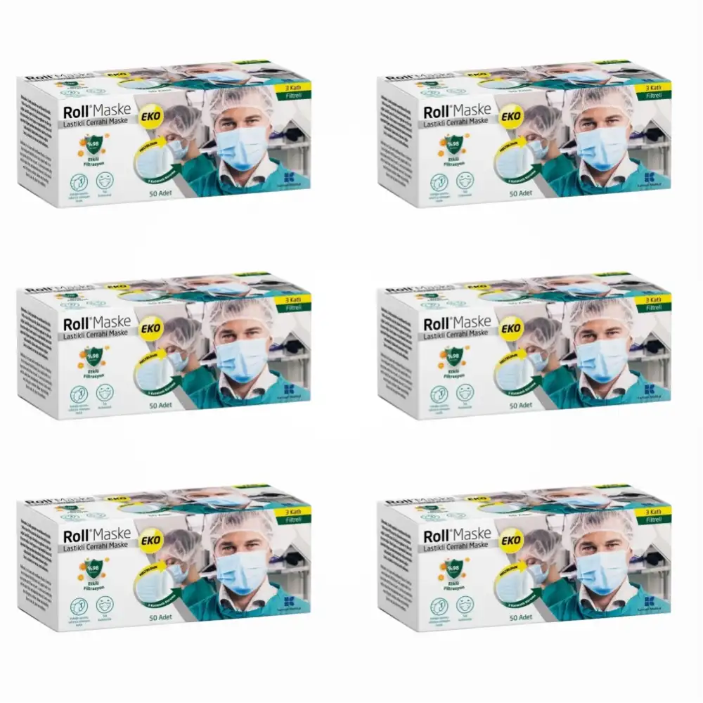 Roll EKO Cerrahi Maske Lastikli (3 Katlı) Filtreli 50li Kutu - 6 Kutu