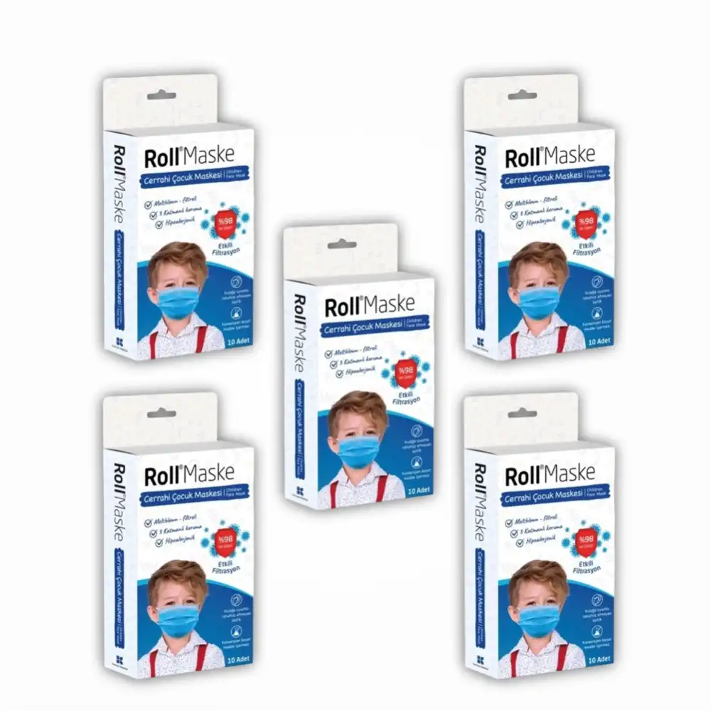 Roll Erkek Çocuk 3 Katlı Telli Cerrahi Maske 10lu Kutu - 5 Kutu