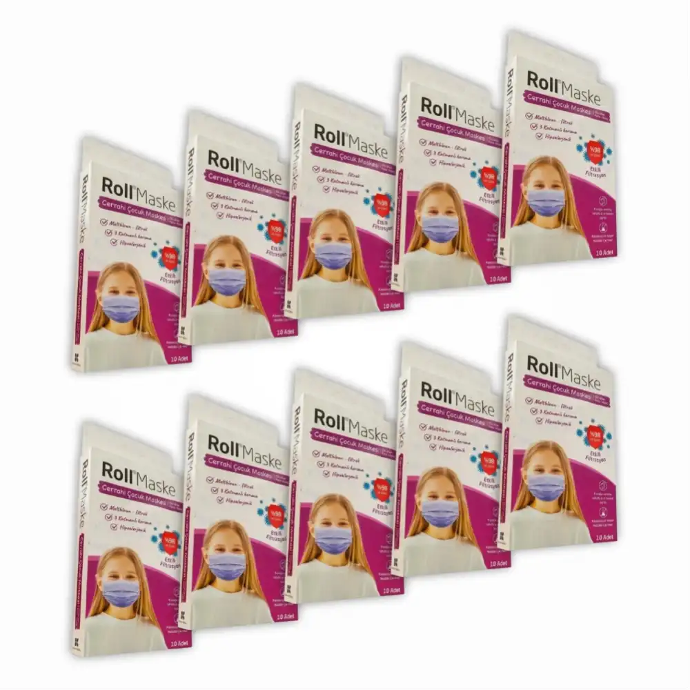 Roll Kız Çocuk 3 Katlı Telli Cerrahi Maske 10lu Kutu - 10 Kutu
