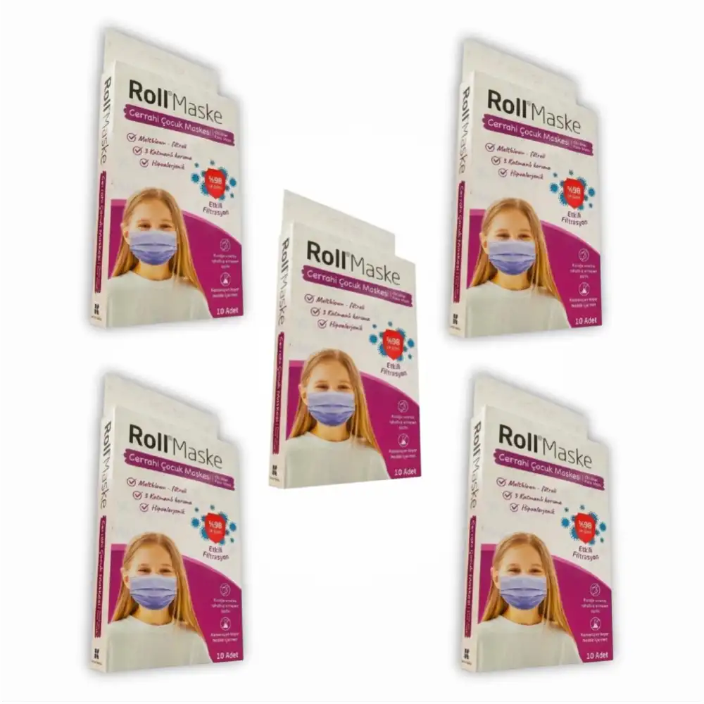 Roll Kız Çocuk 3 Katlı Telli Cerrahi Maske 10lu Kutu - 5 Kutu