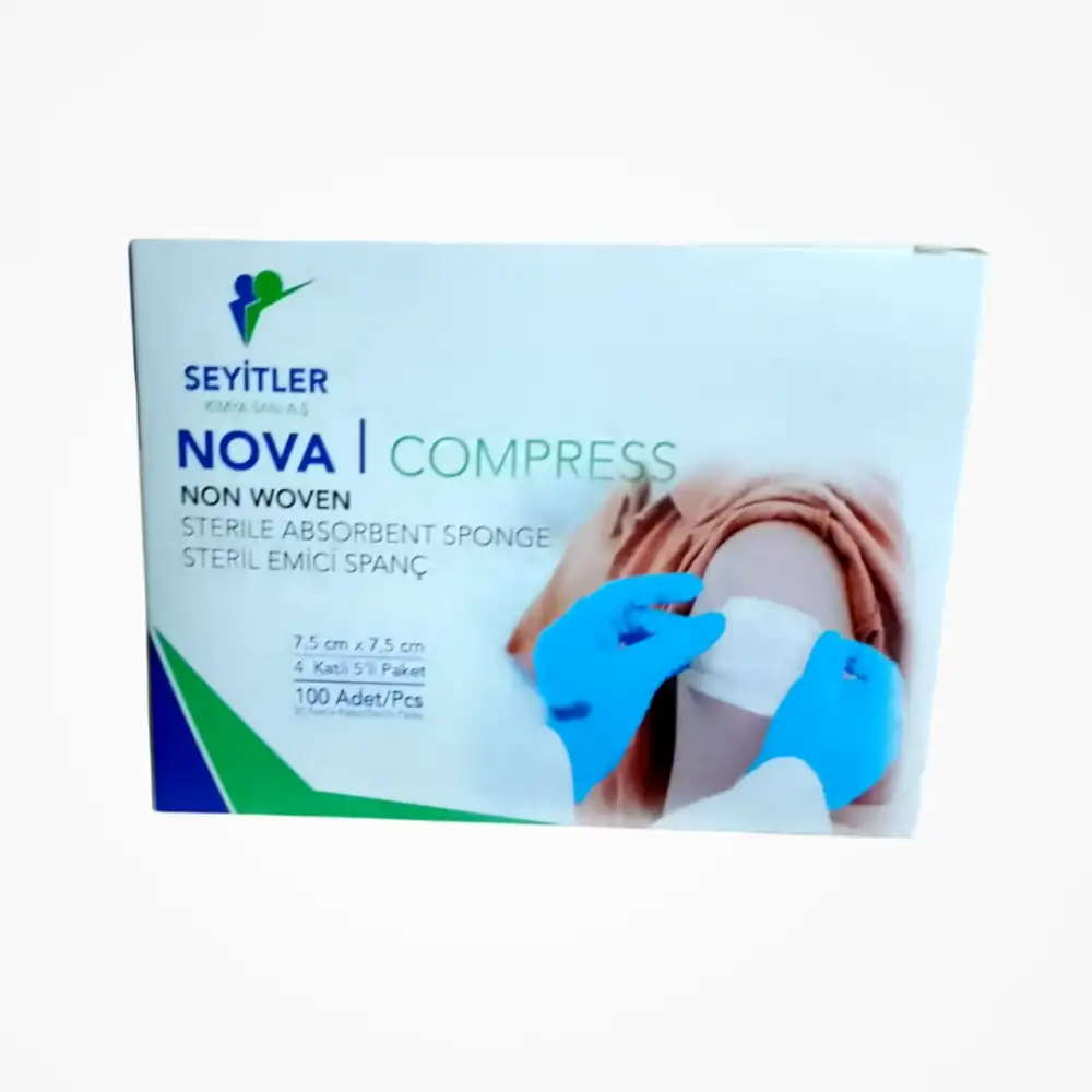 Seyitler Nova Nonwoven Kompres Steril 7,5cm x 7,5cm Spanç 100lü Kutu - 12 Kutu