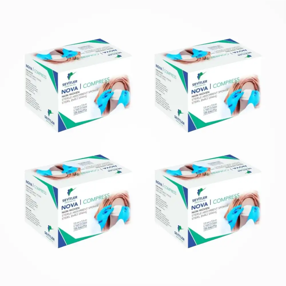 Seyitler Nova Nonwoven Kompres Steril 7,5cm x 7,5cm Spanç 100lü Kutu - 4 Kutu