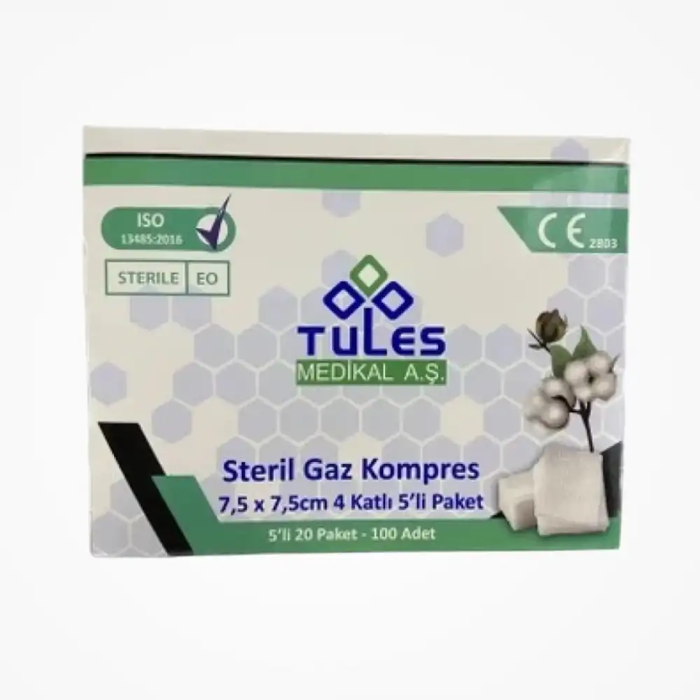 Tules Steril Gaz Kompres 4 Kat 7,5cm x 7,5cm (5li Zarf) - 100lü Kutu