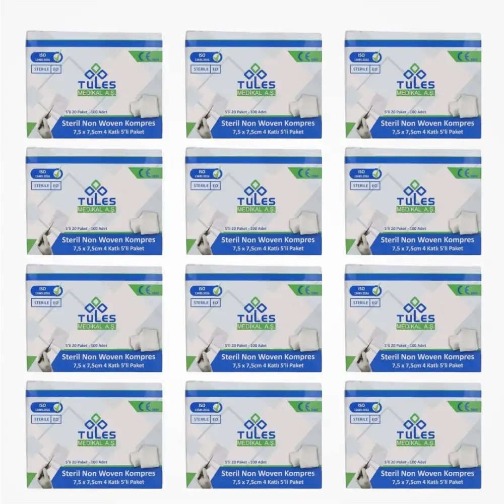 Tules Steril Non Woven Kompres 7,5 cm x 7,5 cm 4 Katlı (5’li Zarf) 100’lü Kutu - 12 Kutu