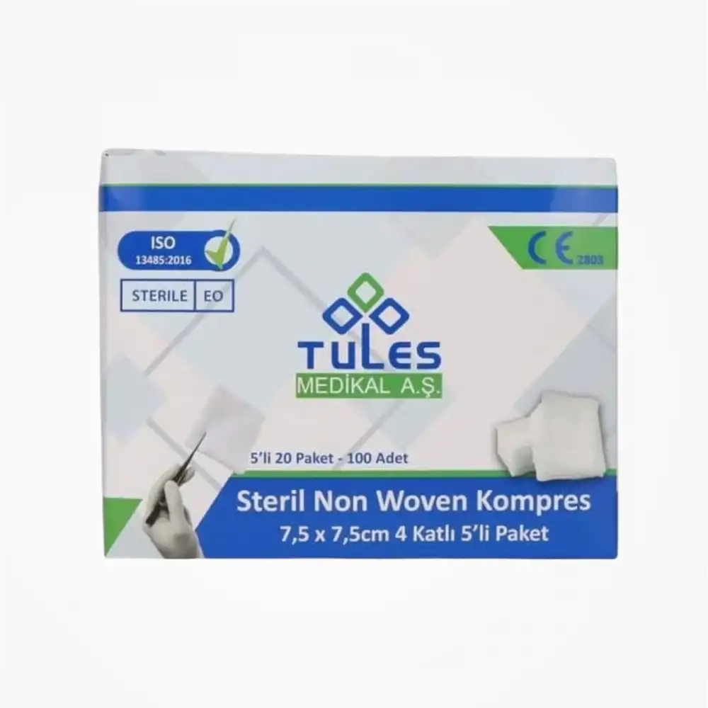 Tules Steril Non Woven Kompres 7,5 cm x 7,5 cm 4 Katlı (5’li Zarf) 100’lü Kutu - 6 Kutu
