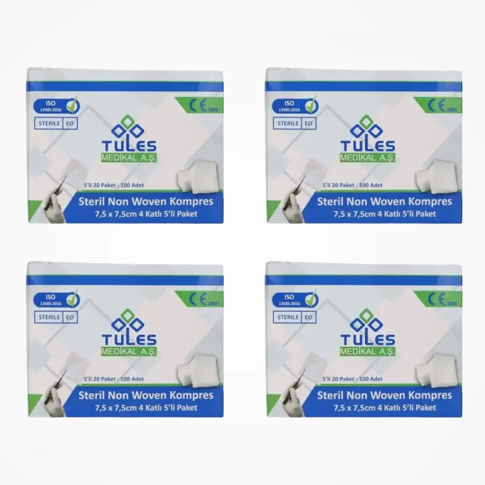 Tules Steril Non Woven Kompres 7,5 cm x 7,5 cm 4 Katlı (5’li Zarf) 100’lü Kutu - 4 Kutu