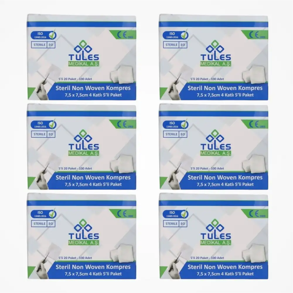 Tules Steril Non Woven Kompres 7,5 cm x 7,5 cm 4 Katlı (5’li Zarf) 100’lü Kutu - 6 Kutu