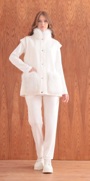 PELUŞ DERİ KÜRK KONBİNLİ YELEK & DERİ ETEK MODAL TUNİK - Ekru