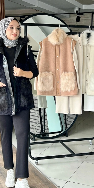 PELUŞ DERİ KÜRK KONBİNLİ YELEK & DERİ ETEK MODAL TUNİK - Siyah