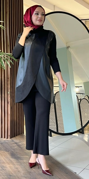 DERİ İPEK KADİYE YELEK & MODAL ÜÇLÜ TAKIM - Siyah