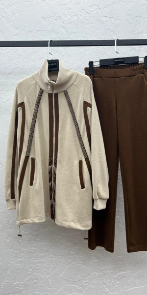 ŞARDONLU MODAL CEKET PANTOLON TAKIM - Bej / Taba