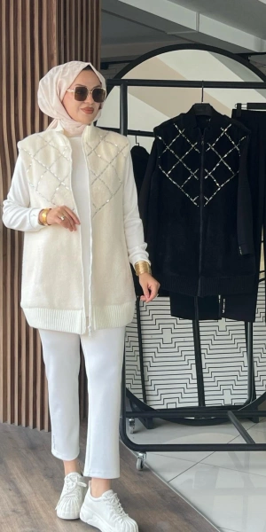 ANGORA YELEK & MODAL TUNİK PANTOLON TAKIM - Ekru