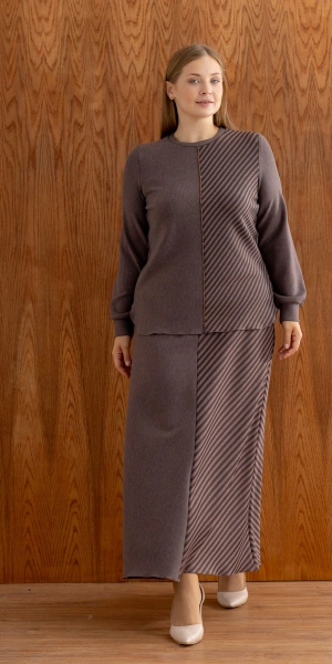 ÇİZGİLİ BAMBU MODAL TUNİK ETEK TAKIM - Kahverengi