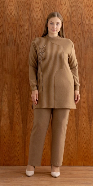 ÇİZGİLİ BAMBU MODAL TUNİK PANTOLON TAKIM - Camel